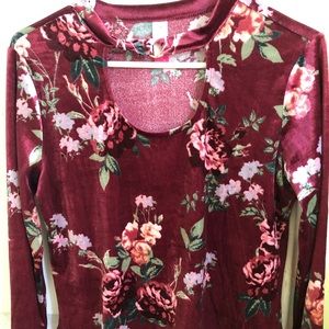 Floral long sleeve velvet top with neck cut out